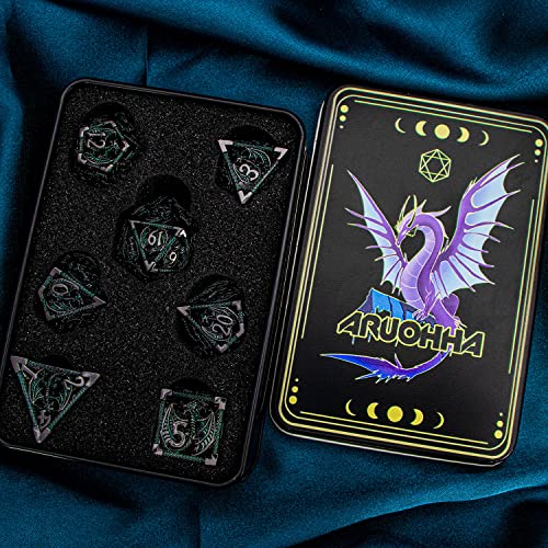ARUOHHA Hollow DND Metal Dice Set Black Green Dragons D and D Dice, RPG Role Playing Games Dungeons Polyhedral Dice with Gift Box D20 D12 D10 D8 D6 D4 - color: Black Green