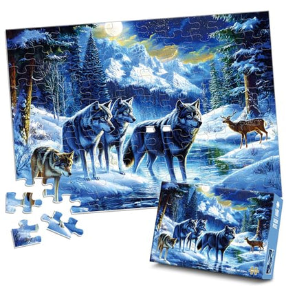 Jeacirio 100 Piece Jigsaw Puzzle for Kids Ages 6-8 8-10, Wolf Family in Snowy Mountain Forest, Educational Animal Puzzle, Screen-Free for Boys Girls - size: Wolf Puzzles