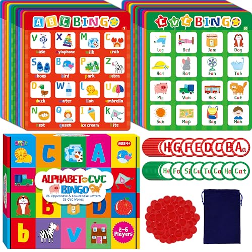 SpriteGru Alphabet & CVC Bingo Game, 12 Bingo Board ABC Letters, CVC Words Phonetic Game, Letters Phonetic Awareness Early Educational Learning Toys - Ages 4 and up, Perfect for Classroom & At Home - style: Alphabet & CVC Bingo Game