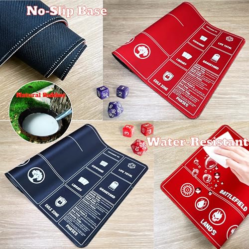 Card Game Playmats MTG Playmat for Beginner 2 Pack with Dices, Magic Mat Commander Deck Card Playmat for TCG MTG Accessories Play Mat 24x14 Inches Duel Card Battles, Black/Red - color: Black+red