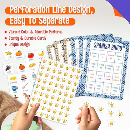SpriteGru Spanish Bingo Game, 25 Boards for Spanish Vocabulary Bilingual Word Bingo Game Educational Toys for Language Learning - Ages 5 and up (Up to 25 Players) - style: Spanish Bingo Game