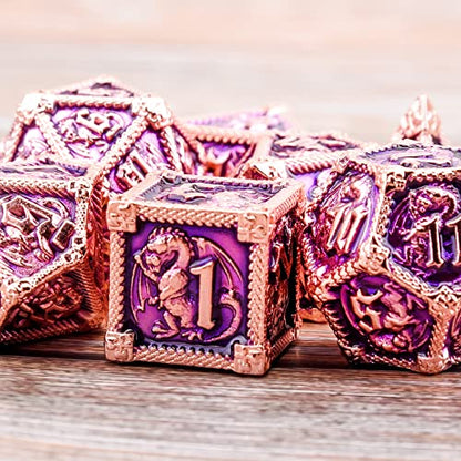 AUSTOR 7-Die Metal DND Dice Set Dungeons and Dragons Polyhedral Roll Playing Dice with Box D20 D12 D10 D% D8 D6 D4 for Pathfinder MTG RPG Board Games - color: Violet With Gold Edge