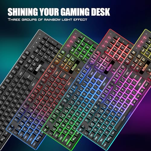 RedThunder K10 Wireless Gaming Keyboard and Mouse Combo, LED Backlit Rechargeable 3800mAh Battery, Mechanical Feel Anti-ghosting Keyboard + 7D 3200DPI Mice for PC Gamer (Black) - color: Black