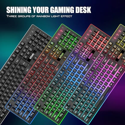 RedThunder K10 Wireless Gaming Keyboard and Mouse Combo, LED Backlit Rechargeable 3800mAh Battery, Mechanical Feel Anti-ghosting Keyboard + 7D 3200DPI Mice for PC Gamer (Black) - color: Black