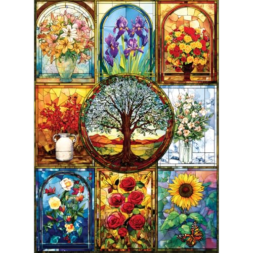 500 Piece Puzzle for Adults, Stained Glass Windows Jigsaw Puzzles, Tree of Life Jigsaw Puzzles 500 Pieces, Birthday Party for Family Adults Funny Puzzle, 20.5×15 in - style: Stained Glass windows
