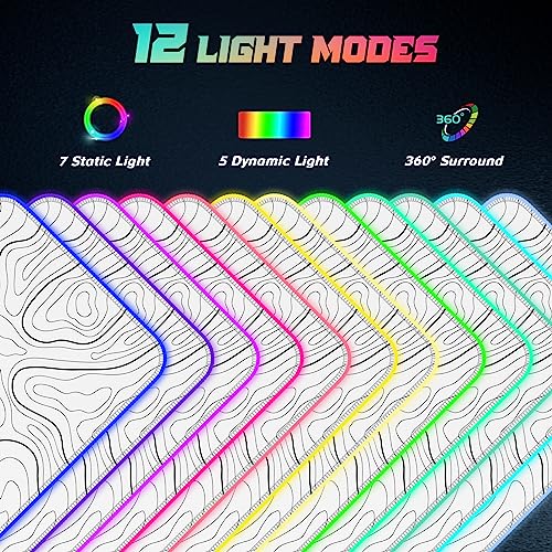 ITNRSIIET RGB Gaming Mouse Pad, Full Desk XL Extended Large Gaming Mousepad, 12 Lighting Modes 30% Thicker Big LED Desk Mat for Gamers, 32 x 12 inches, Topographic Contour White - color: Topographic Contour White