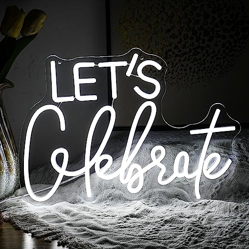 Let's Celebrate Neon Sign Dimmable White Neon Light Let's Celebrate Neon Signs for Wall Decor Powered by USB Words LED Lights for Bedroom Party Thanksgiving(16.5"x11.8") - color: white