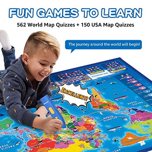 Qiaojoy Bilingual Interactive for Kids Talking USA Map World Map for Kids Learning, Geography Toys Games Educational Electronic Map Personalized Gift/Toys for 4 5 6 7 8 9 10 Year Old Girls/Boys - style: USA & World Map