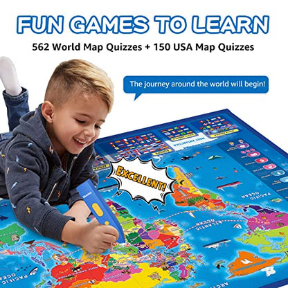 Qiaojoy Bilingual Interactive for Kids Talking USA Map World Map for Kids Learning, Geography Toys Games Educational Electronic Map Personalized Gift/Toys for 4 5 6 7 8 9 10 Year Old Girls/Boys - style: USA & World Map