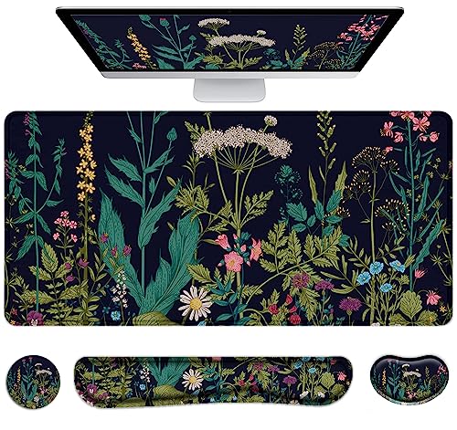 Large Mouse Pad with Wrist Rest, 4-in-1 Wrist Rest for Keyboard and Mouse | Non-Slip Waterproof Desk Mat Set, 35.4"x15.7" Desk Mat+Keyboard Wrist Rest+Mouse Wrist Support+Cup Coaster for Home Office - color: 4Pcs-Weeds