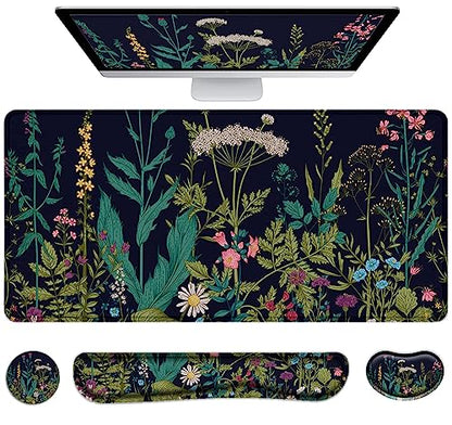 Large Mouse Pad with Wrist Rest, 4-in-1 Wrist Rest for Keyboard and Mouse | Non-Slip Waterproof Desk Mat Set, 35.4"x15.7" Desk Mat+Keyboard Wrist Rest+Mouse Wrist Support+Cup Coaster for Home Office - color: 4Pcs-Weeds