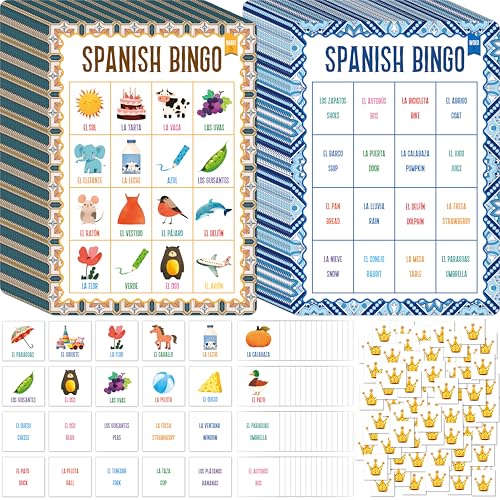 SpriteGru Spanish Bingo Game, 25 Boards for Spanish Vocabulary Bilingual Word Bingo Game Educational Toys for Language Learning - Ages 5 and up (Up to 25 Players) - style: Spanish Bingo Game
