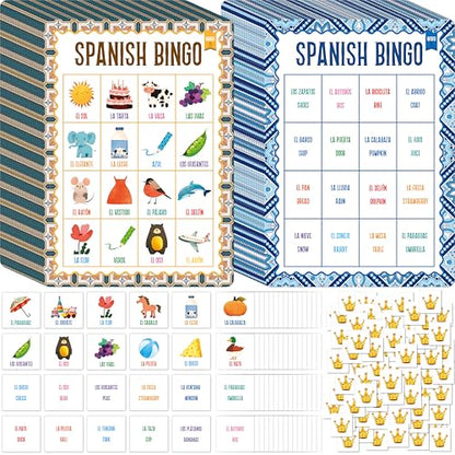 SpriteGru Spanish Bingo Game, 25 Boards for Spanish Vocabulary Bilingual Word Bingo Game Educational Toys for Language Learning - Ages 5 and up (Up to 25 Players) - style: Spanish Bingo Game