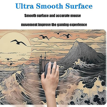 Japanese Sea Waves Large Gaming Mouse Pad,XL Mouse Pad Gaming Mouse Mat Desk Pad,31.5 x 11.8in Desk Mat Anime Mouse Pads for Desk,Extended Keyboard Pad Mousepad with Non-Slip Base and Stitched Edge - color: Japanese Waves