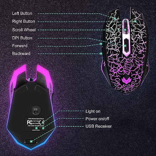 Wireless Gaming Mouse, Rechargeable Wireless Computer Mouse, 7-Color LED Light, Ergonomic Mouse with 6 Silent Click Buttons, 3 Adjustable 2400 DPI Wireless Mouse for Laptop,PC,Mac, Black - color: BLack