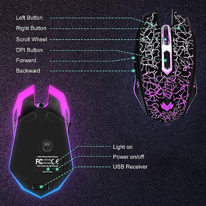 Wireless Gaming Mouse, Rechargeable Wireless Computer Mouse, 7-Color LED Light, Ergonomic Mouse with 6 Silent Click Buttons, 3 Adjustable 2400 DPI Wireless Mouse for Laptop,PC,Mac, Black - color: BLack