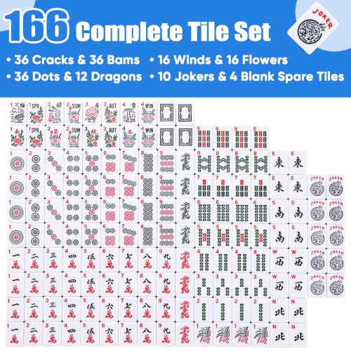 ADAH American Mahjong Set with 166 Tiles, 4 All-in-One Rack/Pushers, Premium Melamine Scratch-Resistant Tiles, Embroidered Blue Travel Case – Complete Mahjong Game Set with Chips, Dice & Instruction