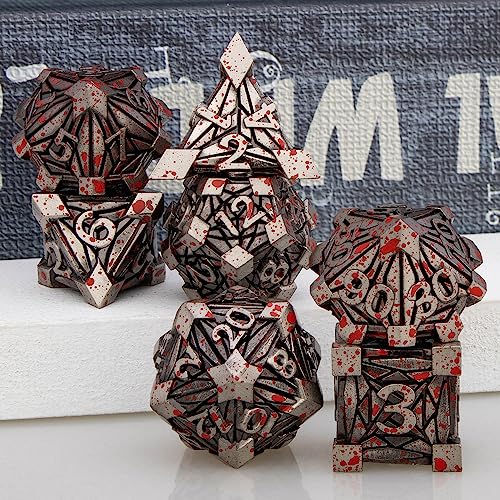 7PCS Metal DND Dice Set with Box, Debris RPG Blood Spatter D and D Dice for use with D&D Tabletop Games Role Playing Game Polyhedral Dice Set D20 D12 D10 D8 D6 D4 - color: Blood Spatter