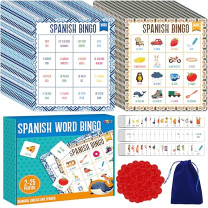 SpriteGru Spanish Bingo Game, 25 Bingo Board Spanish & English Vocabulary Word Game Bilingual Educational Toys for Language Learning - Ages 5 and up (Up to 25 Players) - style: 25 Pcs Spanish Bingo Game