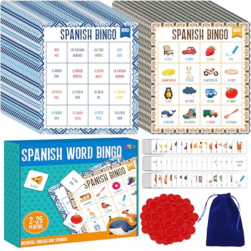 SpriteGru Spanish Bingo Game, 25 Bingo Board Spanish & English Vocabulary Word Game Bilingual Educational Toys for Language Learning - Ages 5 and up (Up to 25 Players) - style: 25 Pcs Spanish Bingo Game