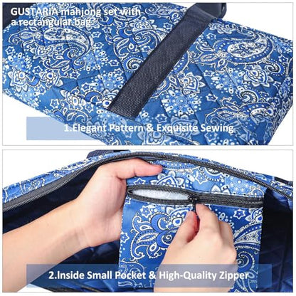 American Mahjong Game Set, 166 Blue Tiles (1.2”), 4 All-in-One Color Rack/Pushers & Drawstring Bag, Complete Mahjong Sets with Blue Printed Carrying Bag and Mahjong Tile Set Accessories - color: Blue