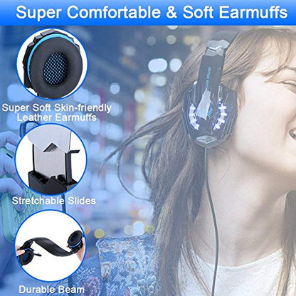 BlueFire Stereo Gaming Headset for PS4, PS5, PC, Xbox One, Noise Cancelling Over Ear Headphones with Mic, LED Light, Bass Surround, Soft Memory Earmuffs for Laptop Nintendo Switch Games (Blue) - color: Blue