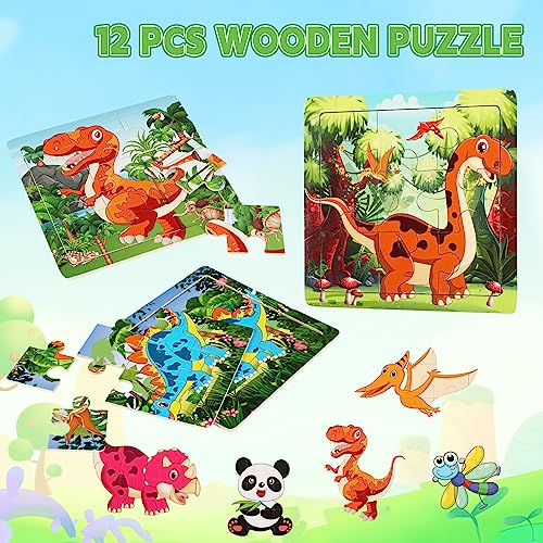 SANNIX 12 Pack Dinosaurs Animals Jigsaw Puzzles with 12 Organize Bags | Wooden Dinosaurs Toddlers Puzzles, for Kids Ages 3-6, Party Favors Educational Learning, Travel Toys for Boys and Girls - style: Dinosaurs + Animals