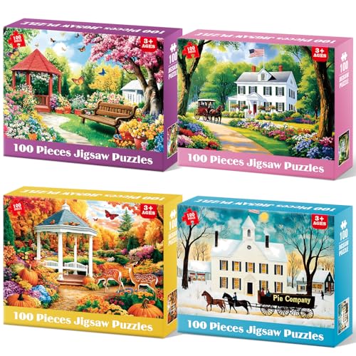 4 Pack 100 Piece Puzzles for Seniors, Four Seasons Jigsaw Puzzles | Elderly Large Piece Puzzle for Adults & Kids Ages 4-6 6-8 8-10, Easy Beginner Puzzle Family Educational Toy Gift - color: Seasons Scenery