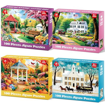 4 Pack 100 Piece Puzzles for Seniors, Four Seasons Jigsaw Puzzles | Elderly Large Piece Puzzle for Adults & Kids Ages 4-6 6-8 8-10, Easy Beginner Puzzle Family Educational Toy Gift - color: Seasons Scenery