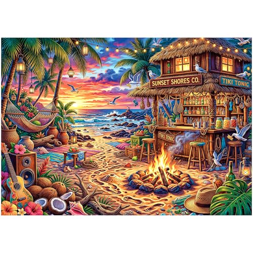 1000 Piece Beach Puzzles for Adults | Seaside Bar Puzzles for Adults 1000 Pieces, Vacation Jigsaw Puzzle, Impossible Hard Fun Challenging Beach Bar Adult Puzzles - color: Sunset Beach