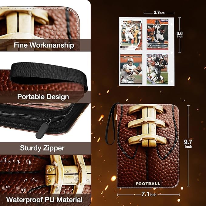 Trading Card Binder 400 Card Capacity, 50 Removable Sleeves (4 Pocket), Zipper Card Album Organizer for TCG Cards (Football) - color: Football