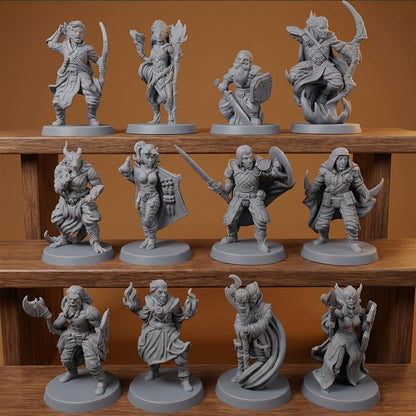 12 Pcs Unpainted Fantasy RPG Miniatures Set, 28mm Scale Resin Miniature for Wargaming and Board Games, 1-Inch Base, 12 Different Classes