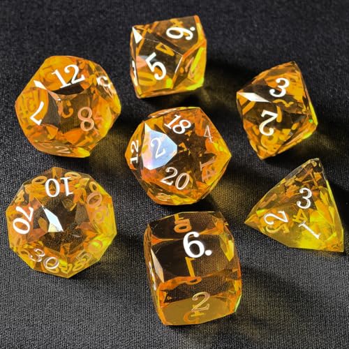 Crystal Multifaceted Polyhedral Dice Set 7 PCS for DND, RPG Tabletop Gaming, Collectors | Tinbox Packing, Gemstone Effect Dice (Amber) - color: Amber