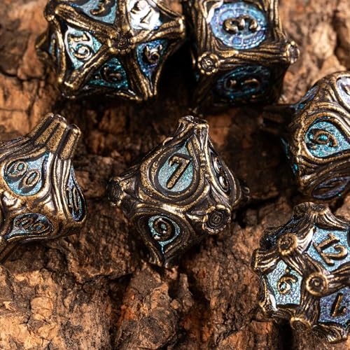 7PCS Metal DND Dice Bronze Blue Metal Dice Set D&D for Board Games | Leather Storage Bag, DM Gift, for Dungeons and Dragons Role Playing Games - color: Metal Tree-bronzeblue