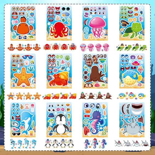Ocean Animal Stickers, Make Your Own Sea Animal Stickers | 24 Sheets Make a Face Sticker, for Kids Activities Supplies Crafts, Ocean Sea Party Favors - style: Ocean Animal