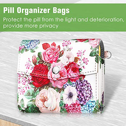FINPAC Weekly Pill Organizers 4 Times A Day, Slide Open PU Leather Case Travel Pill Vitamin Medicine Reminder and Planner with Name Card for Morning| Afternoon| Evening| Bedtime (Flower Festival) - color: Flower Festival