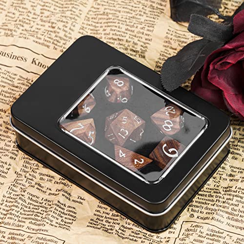 Wooden Dice Set Bubinga Wood DND Dice Set for D&D Tabletop Games | Iron Box, DM Gift, for Dungeons and Dragons Role Playing Games - color: Bubinga Wood