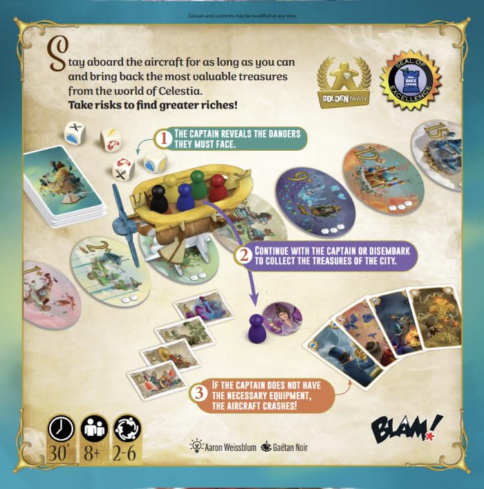 Blam! Celestia | Push-Your-Luck Adventure & Strategy Board Game | Fly The Airship, Brave Perils & Collect Treasures | Award Winning Family Games for Kids and Adults | 1-6 Players | Ages 8+ | 30 Min