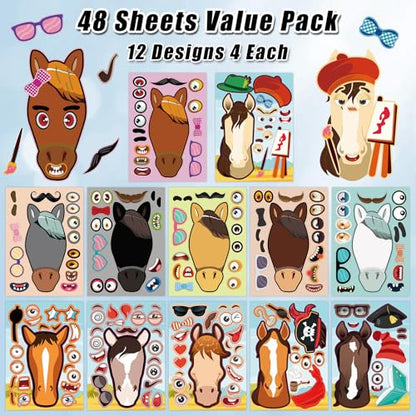 48 Sheets Create Funny Ponies Stickers, Make a Face Stickers for Boys and Girls, Travel Sticker Books, Party Favors, Birthday, Home, School and Activities Gifts for Kids Ages 3+ - style: Horse Head