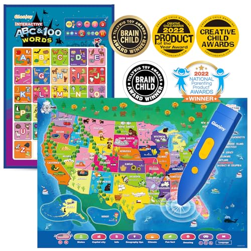 Bilingual Interactive for Kids Talking USA Map Alphabet Poster for Toddlers Learning and Educational Toys,Talking Educational Chart for Ages 3 to 12 Years Old,Learning ABC Letters for Preschool/Gift - style: USA Map & Alphabet Poster