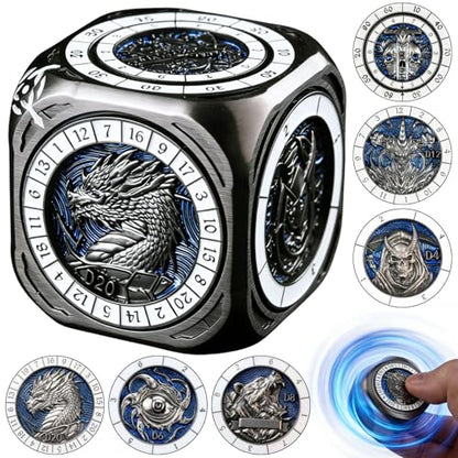 7-in-1 Spinner Dice Cube for D&D, Premium Metal RPG Dice Set with Engraved Fantasy Monsters, Unique Collectible Gift for Dungeons & Dragons Players - color: Spinner Cube Blue