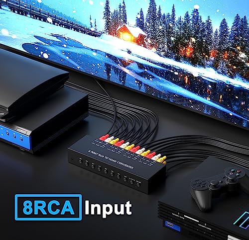 8Port AV to HDMI Converter Adapter Support 16:9/4:3 Switch for Wii/N64/PS1/PS2/PS3/VHS/VCR/DVD Players etc (8Port RCA in to 1 HDMI Converter with IR Remote) - style: 8Port AV to HDMI Converter