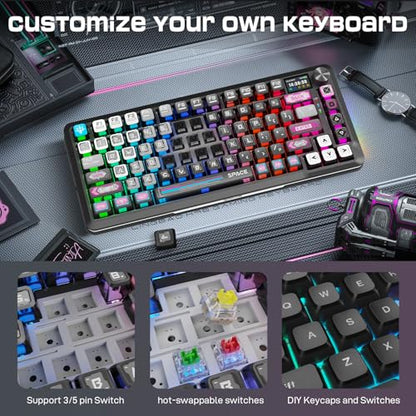 Redragon Wireless Mechanical Gaming Keyboard - Gasket-Mounted RGB Backlit, Custom Keys, 3-Mode(Bluetooth/2.4G/USB), Hot-Swap Pre-Lubed Switches, Screen & Control Knob - Cyber Mecha Style, Plasma Arc - color: Plasma Arc