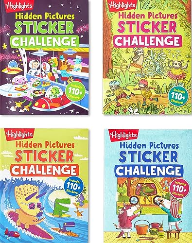 Highlights Hidden Pictures Sticker Challenge Sticker Book Set for Kids Ages 6 and Up, 4-Pack, 64 Pages of Seek and Find Activities, Double as Coloring Books, 440+ Stickers