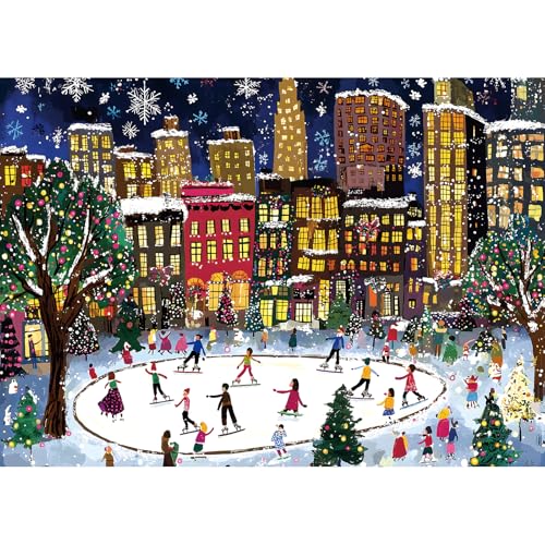1000 Piece Puzzle for Adults Christmas Winter Ice Skating Cityscape Night City Beautiful Scene with Snow & Lights, Festive Holiday Jigsaw Puzzles Challenging Puzzle for Holiday Decor - color: Ice Skating, size: (27"X19")