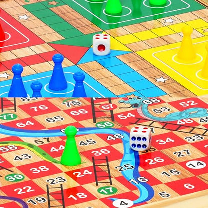 Ankit Toys & Games 2 in 1 Ludo & Snakes & Ladders Wooden Board Game – Premium Reversible Solid Family Game Set Classic Strategy & Luck Game Perfect Educational Gift for Kids & Adults Durable Board