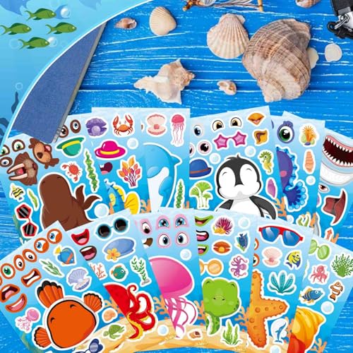Ocean Animal Stickers, Make Your Own Sea Animal Stickers | 24 Sheets Make a Face Sticker, for Kids Activities Supplies Crafts, Ocean Sea Party Favors - style: Ocean Animal