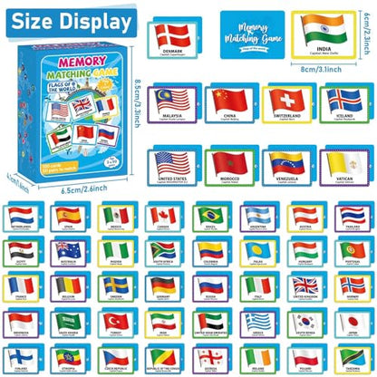 gisgfim 100 PCS Memory Matching Game Flags of The World Concentration Memory Card for Kids and Adults Learning Educational A Fun & Fast Countries of The World Matching Games - style: Flags of The World
