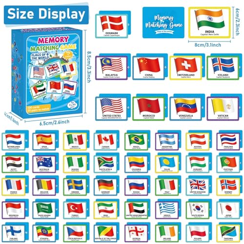 gisgfim 100 PCS Memory Matching Game Flags of The World Concentration Memory Card for Kids and Adults Learning Educational A Fun & Fast Countries of The World Matching Games - style: Flags of The World