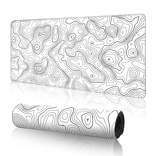 Topographic Large Gaming Mouse Pad,White Mouse Pad Gaming Mouse Mat Desk Pad,31.5 x 11.8 Desk Mat Minimalist Mouse Pads for Desk,Extended White Keyboard Mousepad with Non-Slip Base and Stitched Edge - color: White Topographic Contour